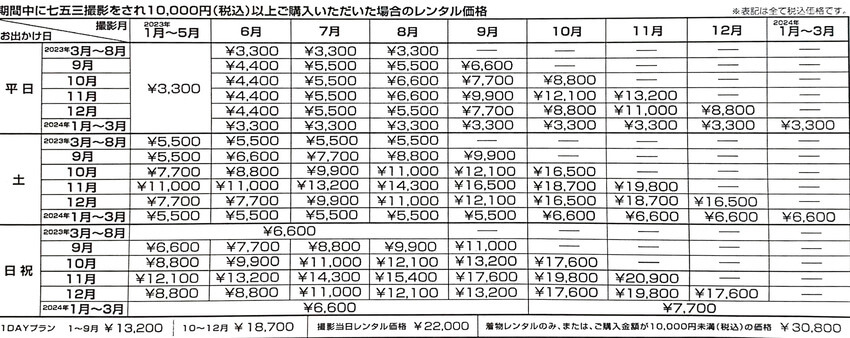 着物レンタル料金表